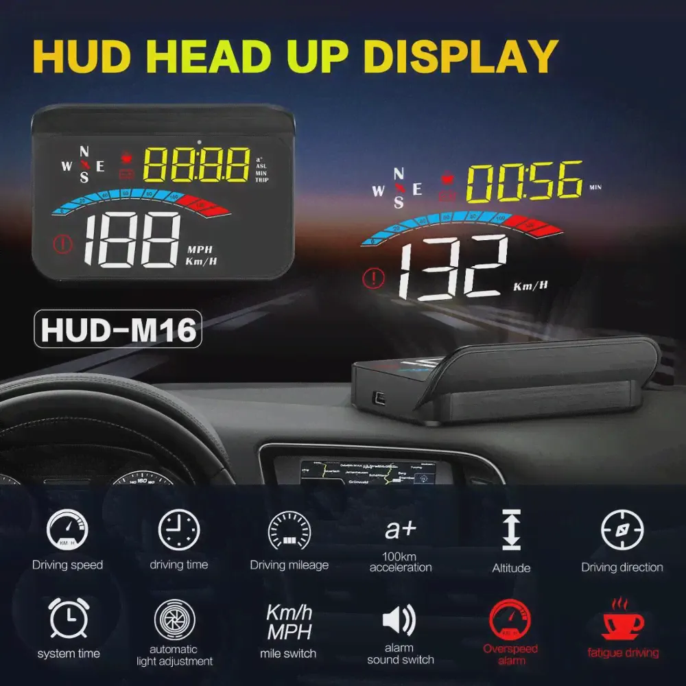 🛍 HUD Автомобильный GPS цифровой измеритель скорости M16 лобовое стекло скоростной проектор GPS компас напряжение кмч MPH для всех автомобилей-4