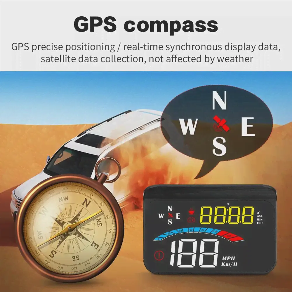 🛍 HUD Автомобильный GPS цифровой измеритель скорости M16 лобовое стекло скоростной проектор GPS компас напряжение кмч MPH для всех автомобилей-1